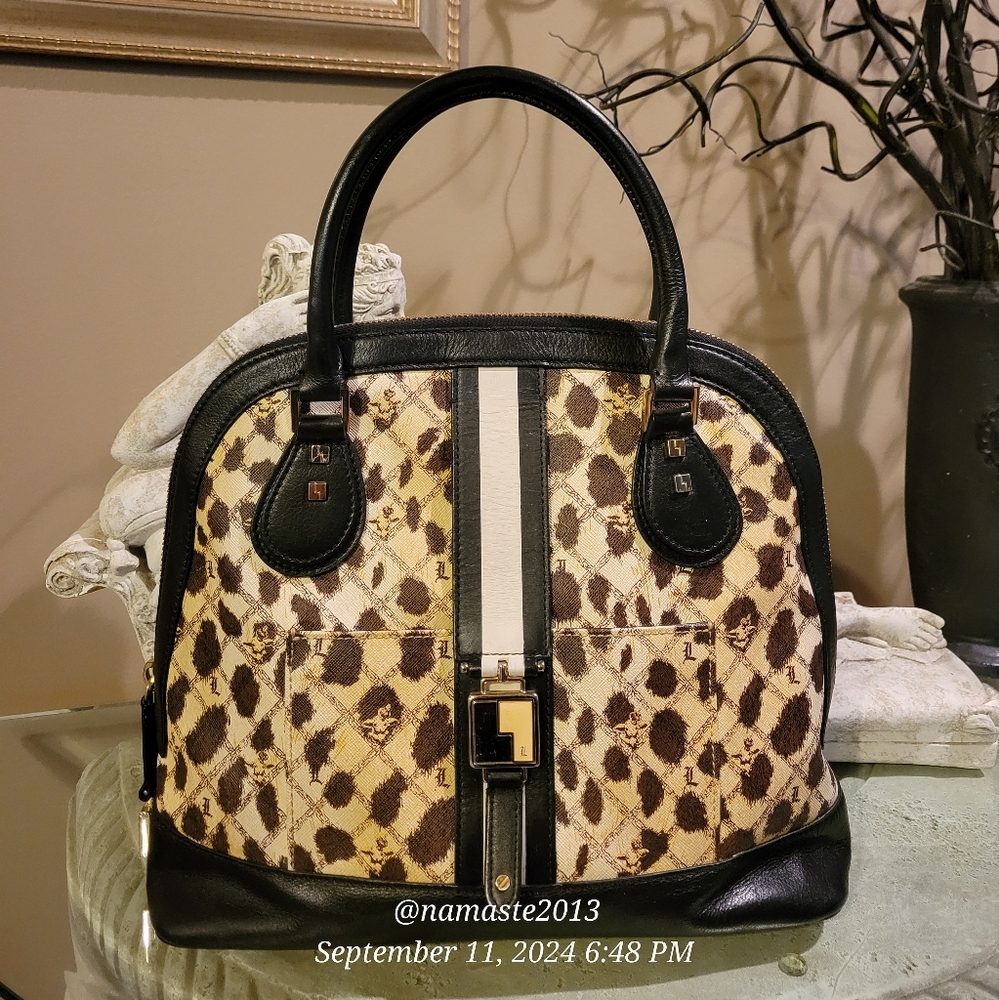 L.A.M.B. Gwen Stefani Leopard Kingston Dome Bowler Bag Designer Leather #41